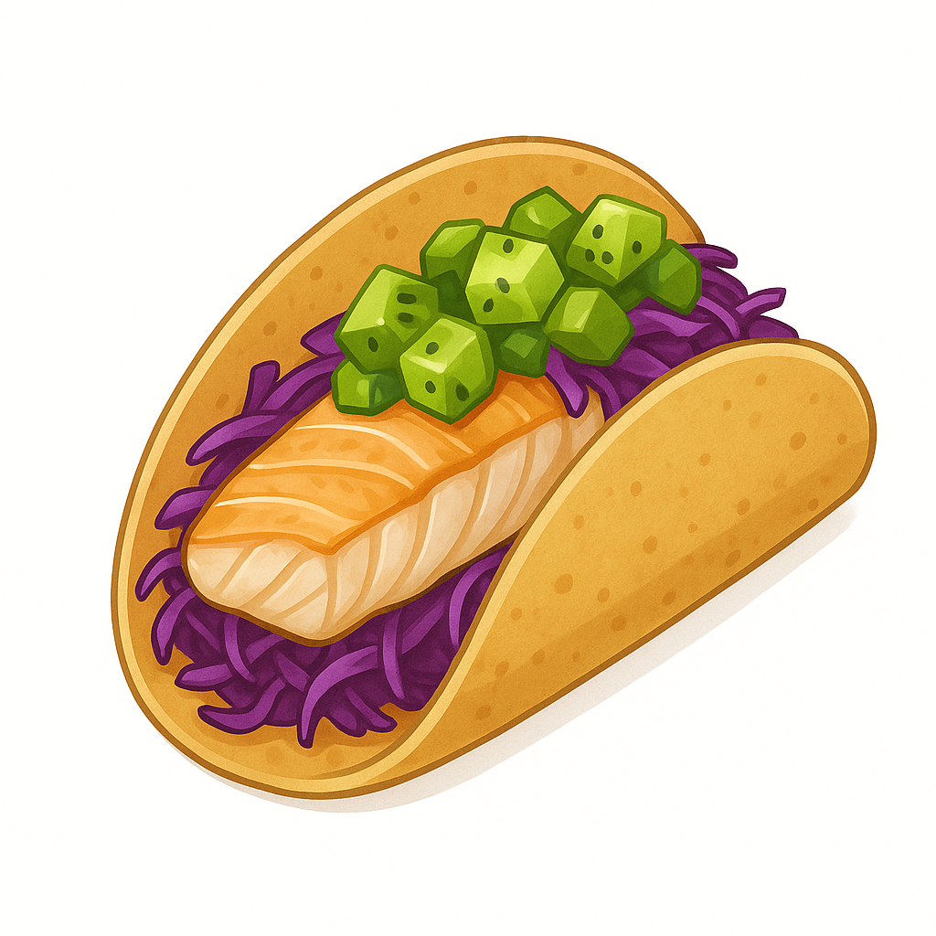 ทาโก้ปลากับซัลซ่ากีวี่ + กะหล่ำม่วง